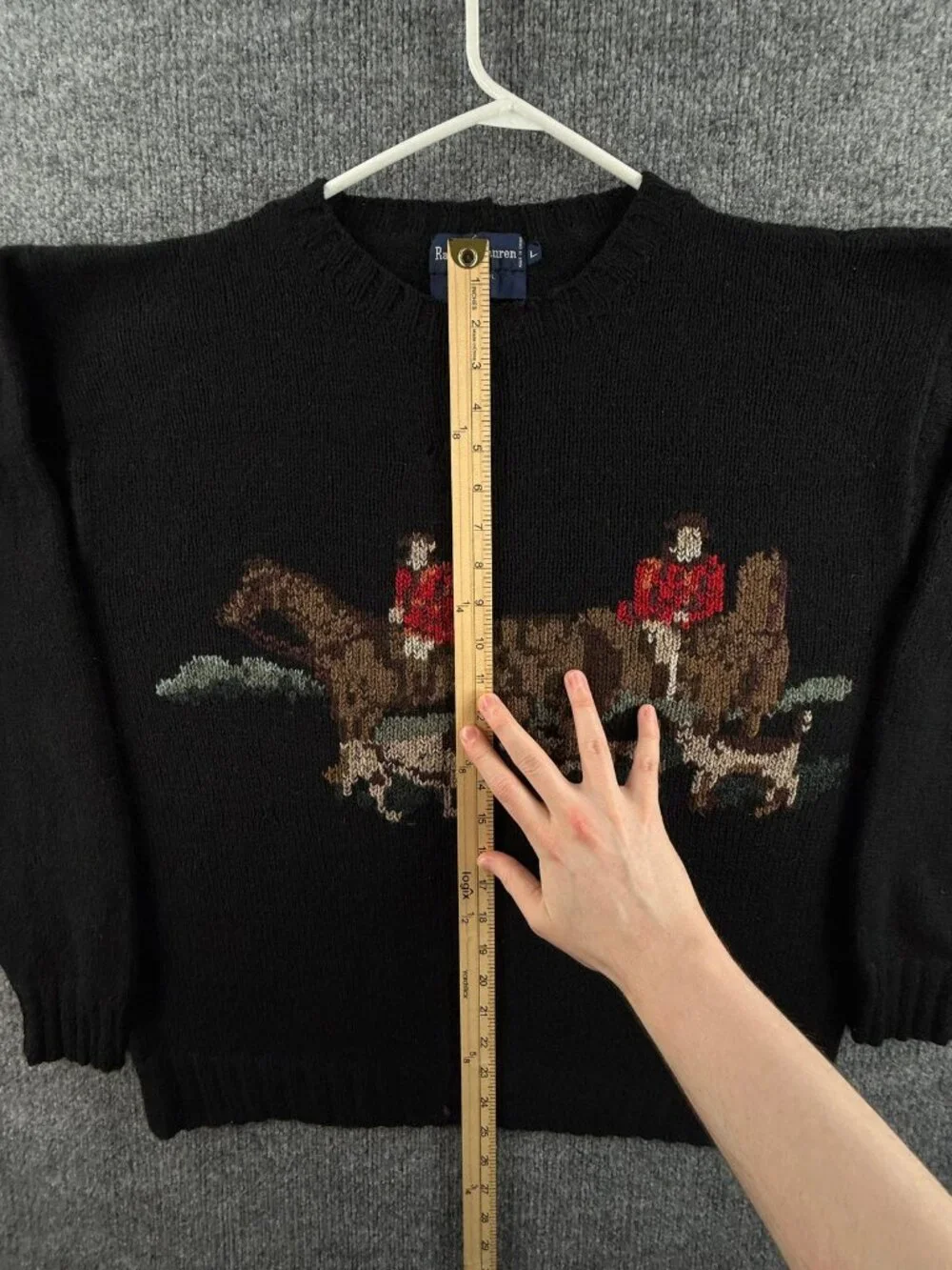 VTG Ralph Lauren Equestrian Fox Hunt Large Sweater Graphic Black Wool Hand Knit